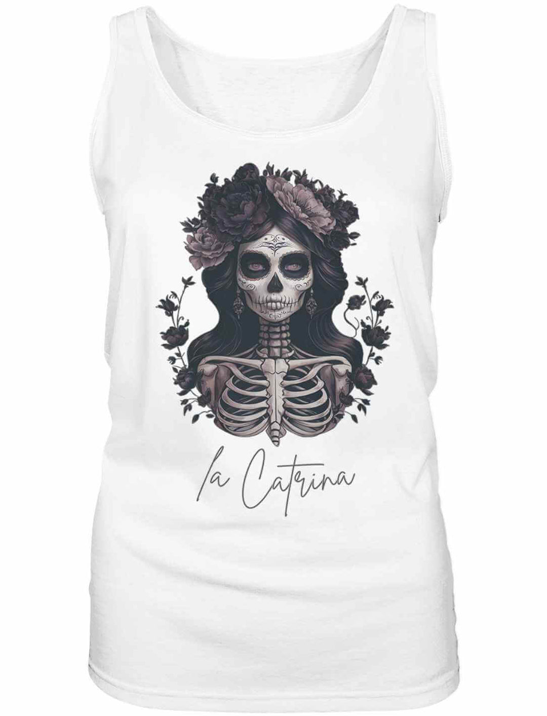 Catrina Deluxe Damen Tank Top in Weiss – Elegantes mexikanisches Design, abgebildet vor weissem Hintergrund