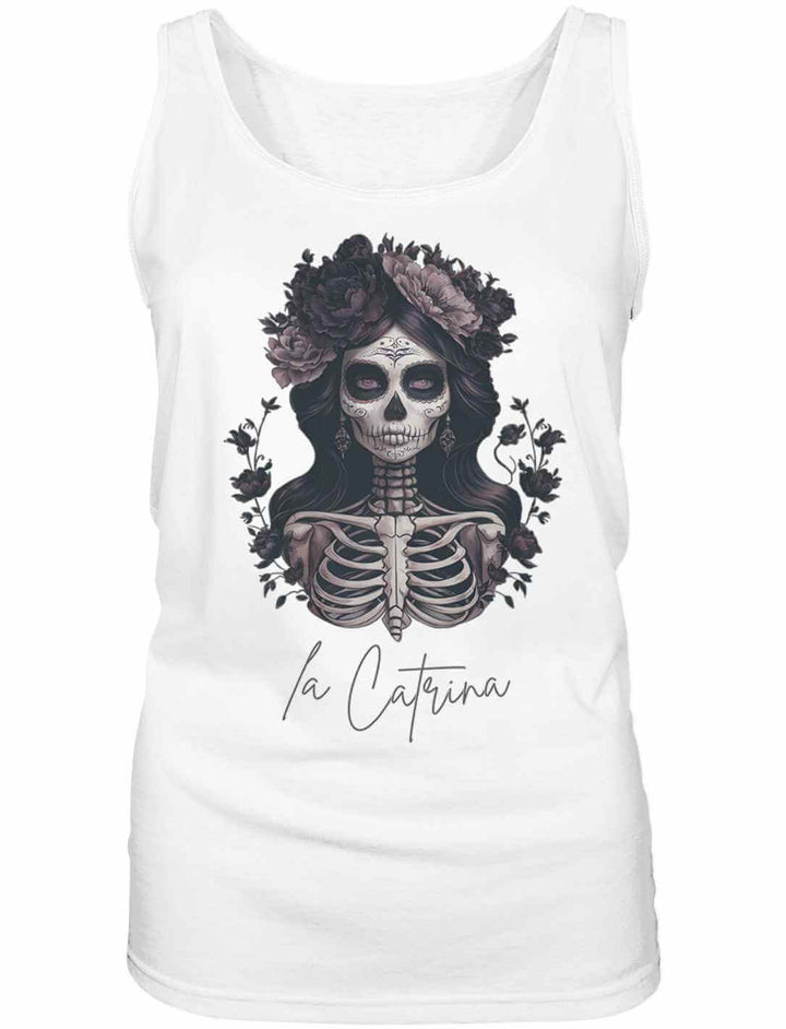 Catrina Deluxe Damen Tank Top in Weiss – Elegantes mexikanisches Design, abgebildet vor weissem Hintergrund