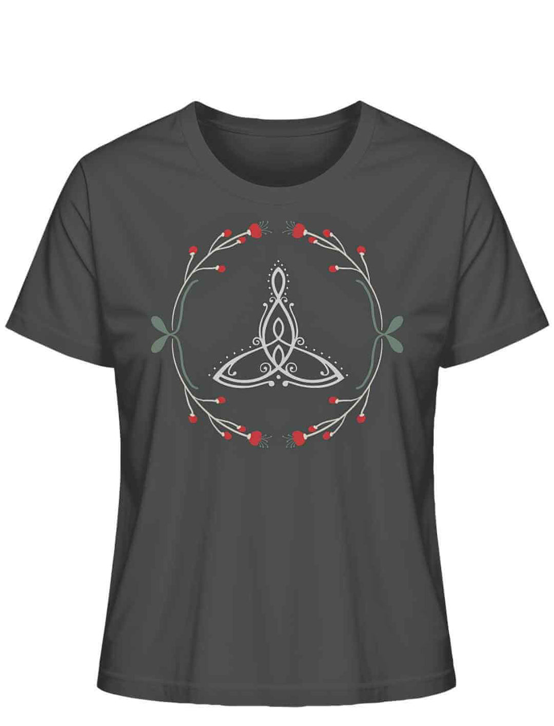 âCeltic Motherâ Bio-Shirt in Anthrazit mit keltischem Muttersymbol und roten Beeren.