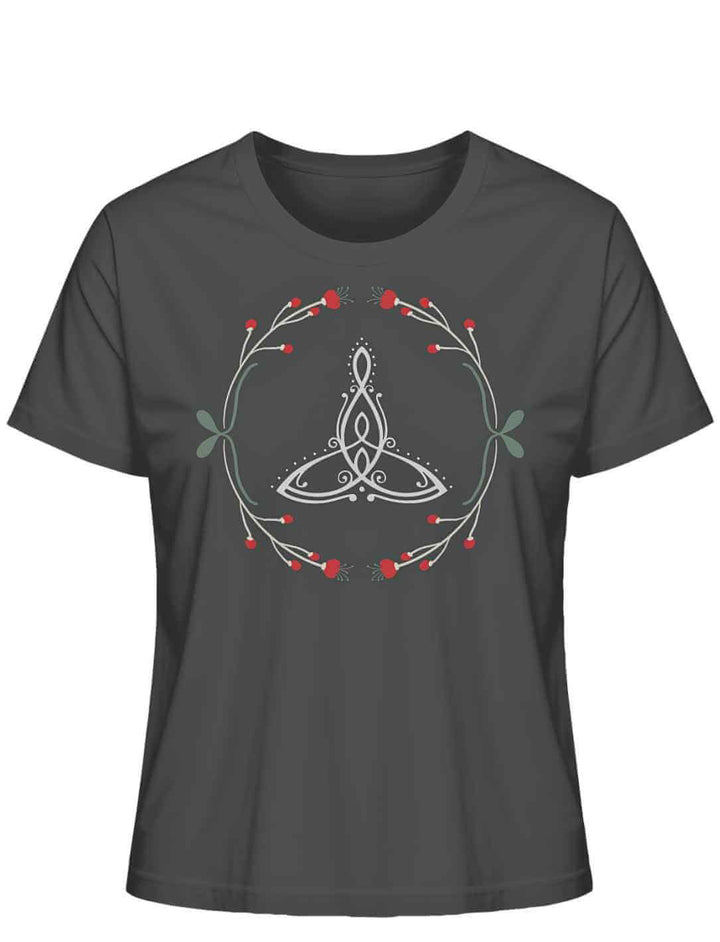 âCeltic Motherâ Bio-Shirt in Anthrazit mit keltischem Muttersymbol und roten Beeren.