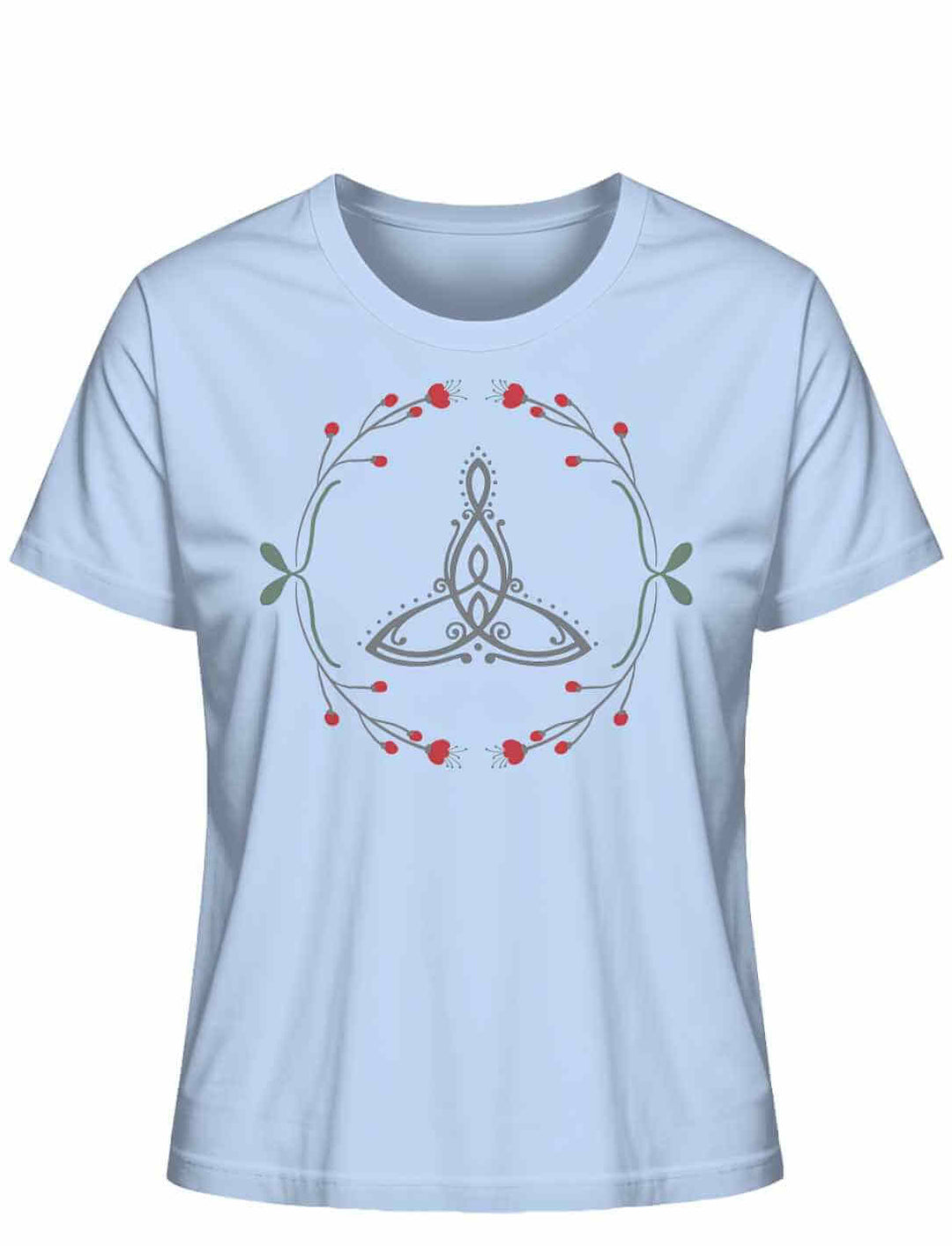 âCeltic Motherâ Bio-Shirt in Hellblau mit keltischem Muttersymbol und Naturverzierungen.