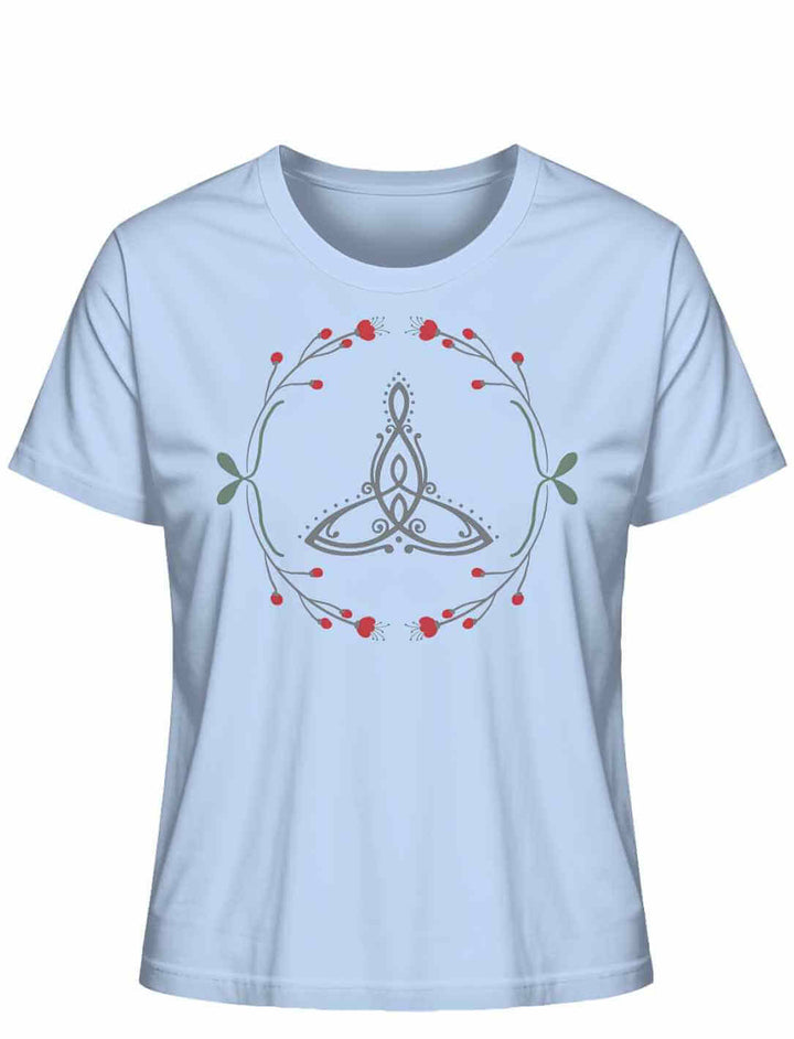 âCeltic Motherâ Bio-Shirt in Hellblau mit keltischem Muttersymbol und Naturverzierungen.