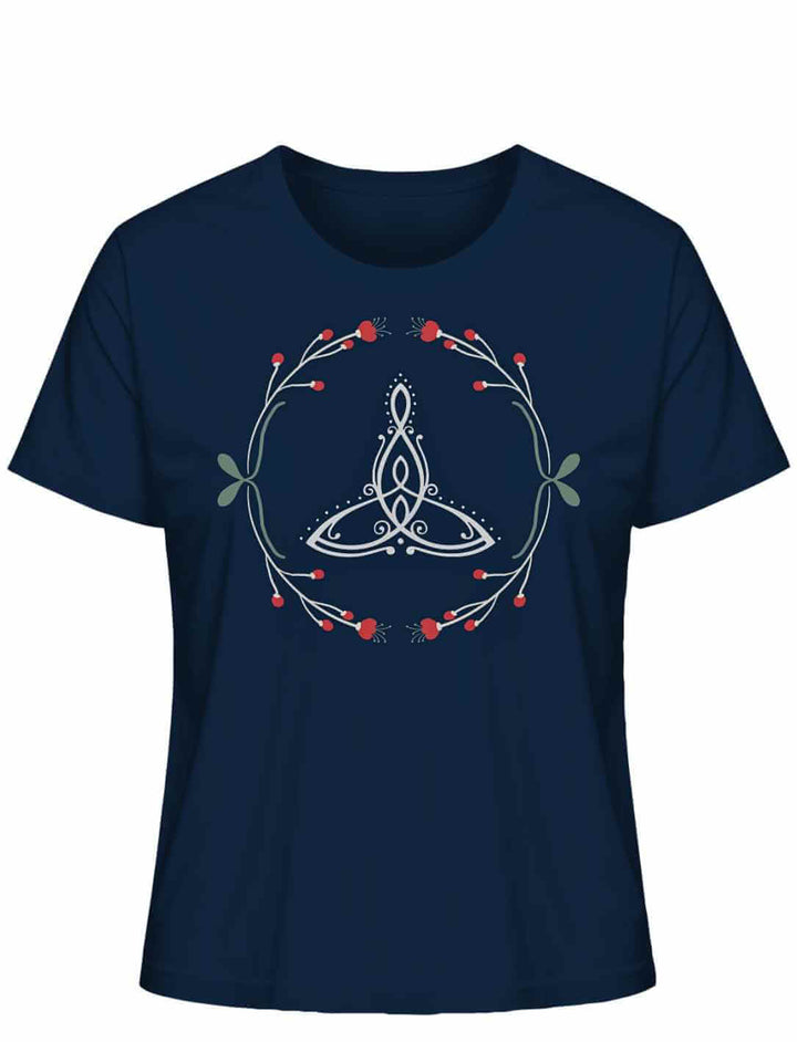 âCeltic Motherâ Bio-Shirt in Dunkelblau mit keltischem Muttersymbol und Naturverzierungen.
