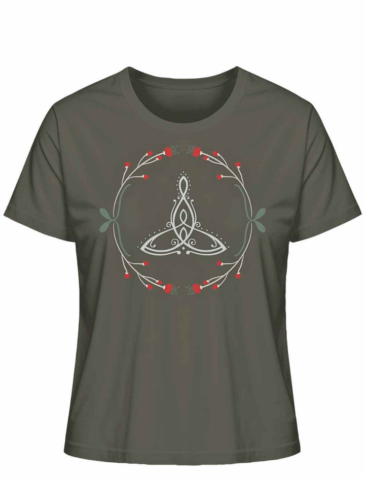 âCeltic Motherâ Bio-Shirt in Khaki mit keltischem Muttersymbol und roten Beeren.