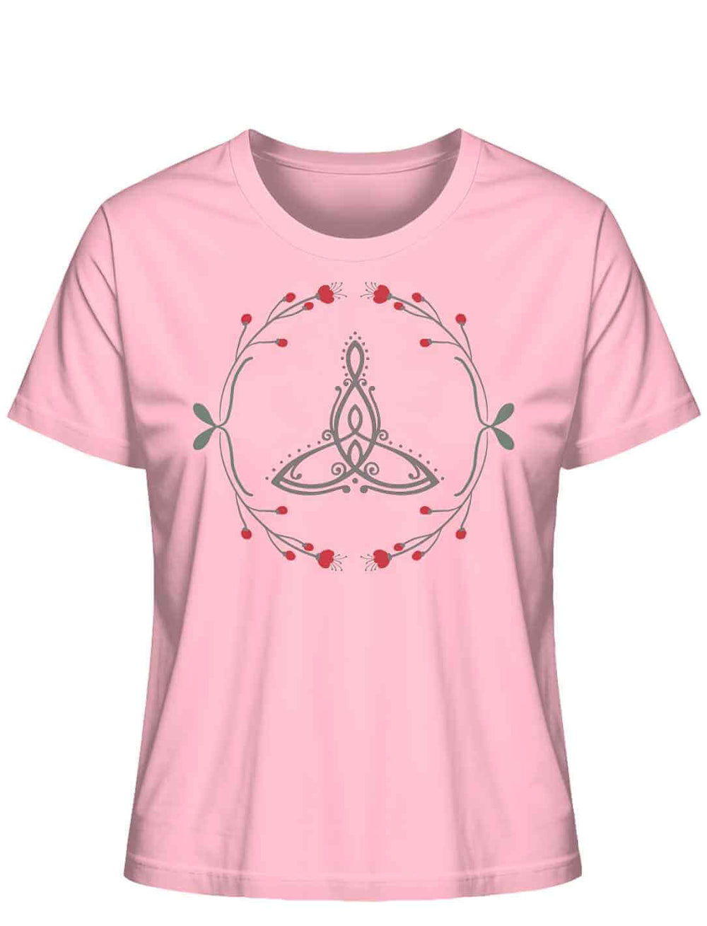âCeltic Motherâ Bio-Shirt in Rosa mit keltischem Muttersymbol und roten Beeren.