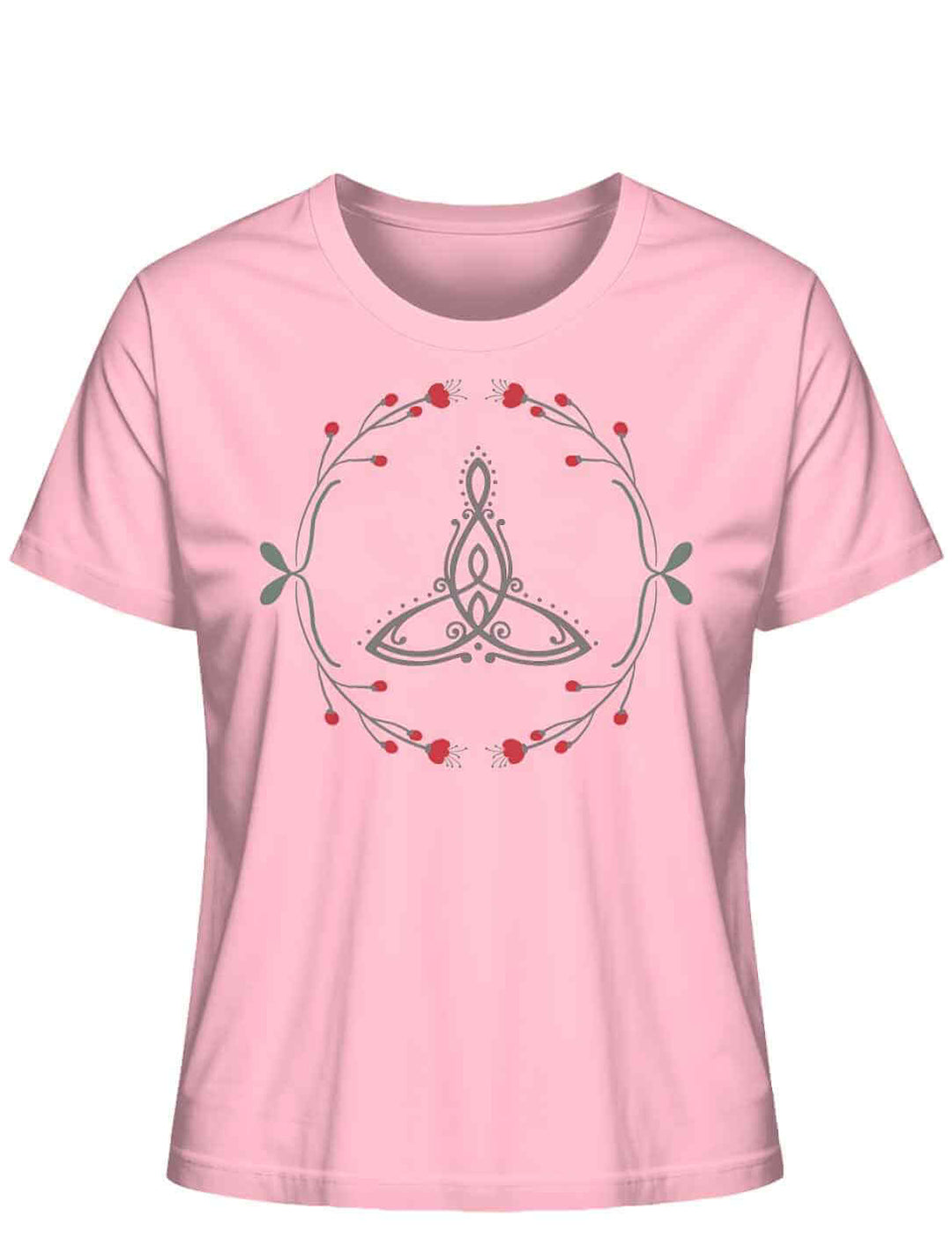âCeltic Motherâ Bio-Shirt in Rosa mit keltischem Muttersymbol und roten Beeren.