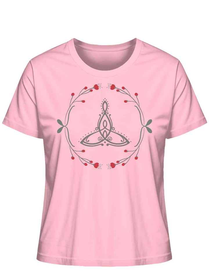âCeltic Motherâ Bio-Shirt in Rosa mit keltischem Muttersymbol und roten Beeren.