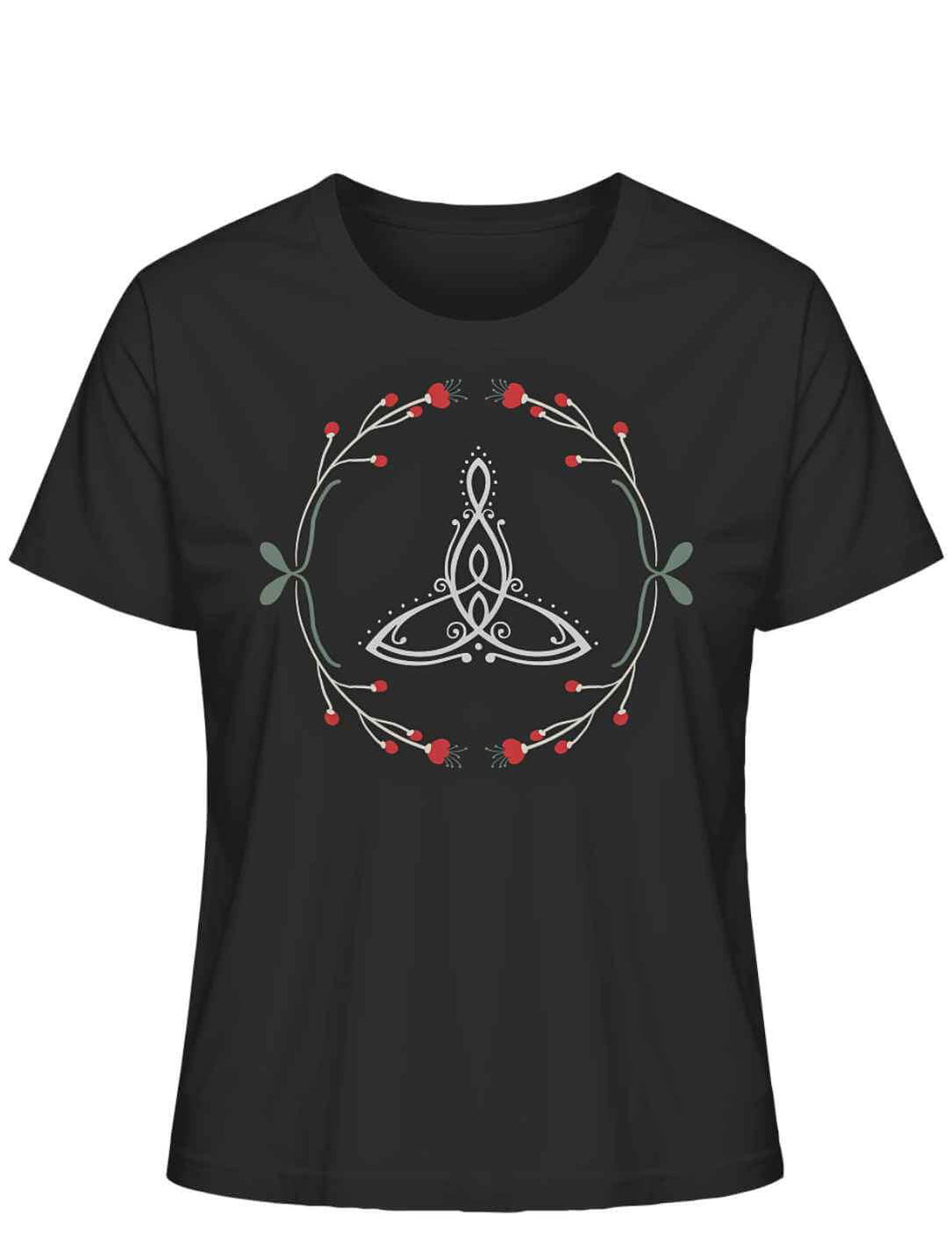 Celtic Motherâ Bio-Shirt in Schwarz mit keltischem Muttersymbol und Naturverzierungen.