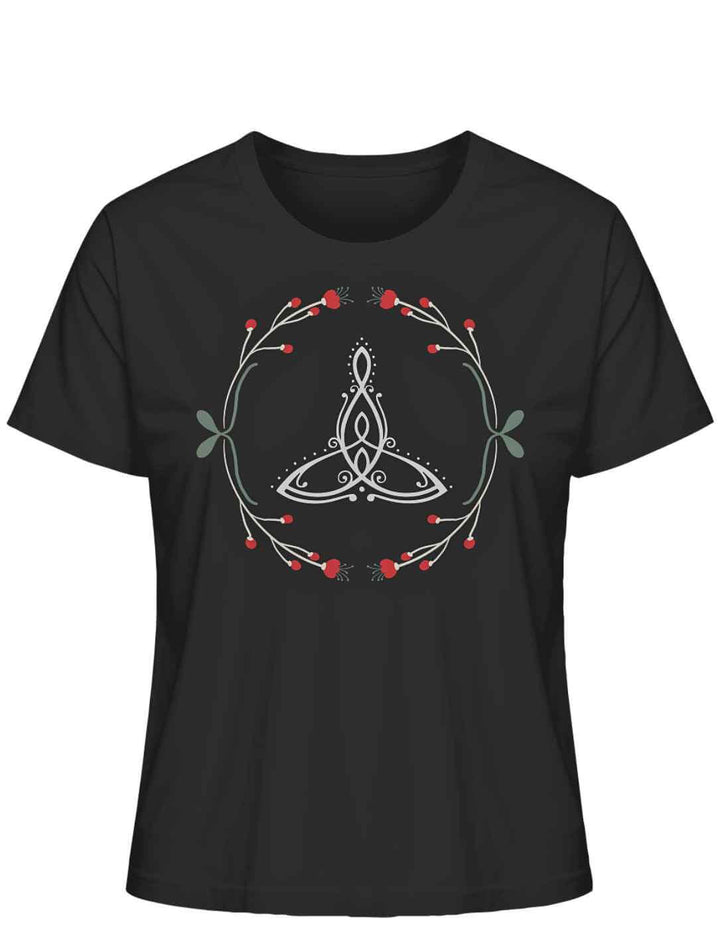 Celtic Motherâ Bio-Shirt in Schwarz mit keltischem Muttersymbol und Naturverzierungen.