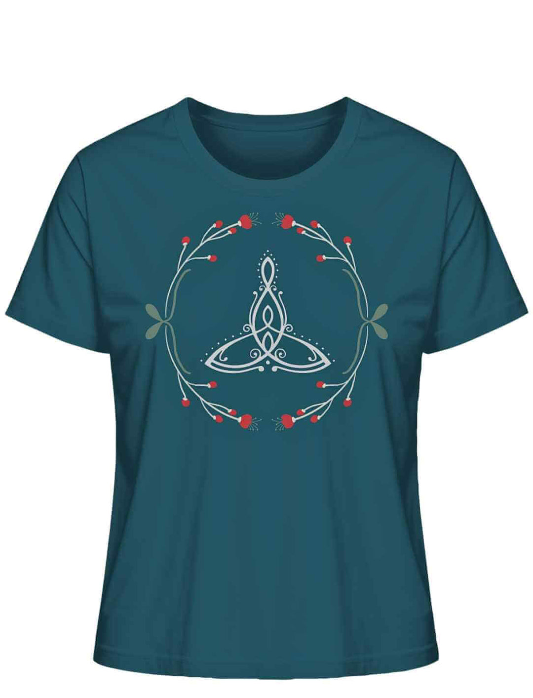 âCeltic Motherâ Bio-Shirt in dunklem Petrolblau mit keltischem Muttersymbol und Naturverzierungen.