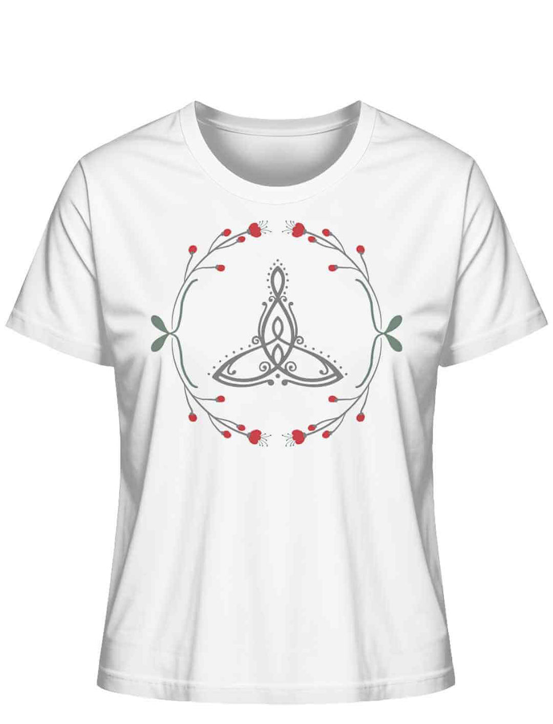 Celtic Motherâ Bio-Shirt in WeiĂ mit keltischem Muttersymbol und roten Beeren.
