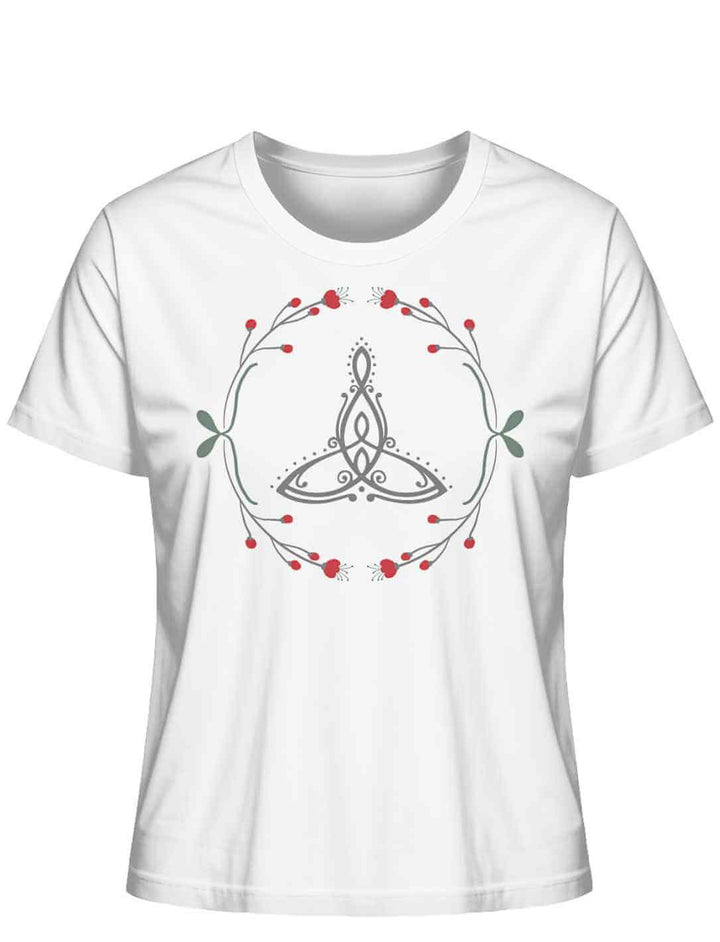Celtic Motherâ Bio-Shirt in WeiĂ mit keltischem Muttersymbol und roten Beeren.