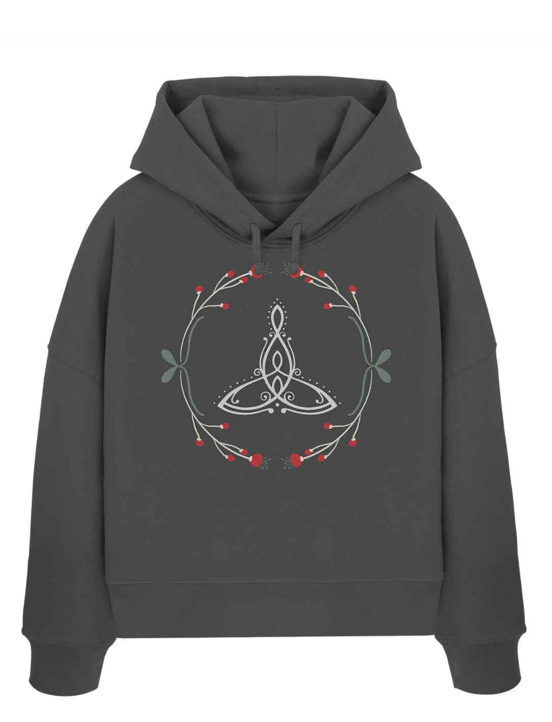 Das Celtic Mother Damen Boxcut Hoodie in tiefem Marineblau â inspiriert von den Ozeanen der keltischen Welt, verziert mit dem Symbol der ewigen Verbindung.