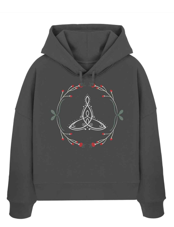 Das Celtic Mother Damen Boxcut Hoodie in tiefem Marineblau â inspiriert von den Ozeanen der keltischen Welt, verziert mit dem Symbol der ewigen Verbindung.