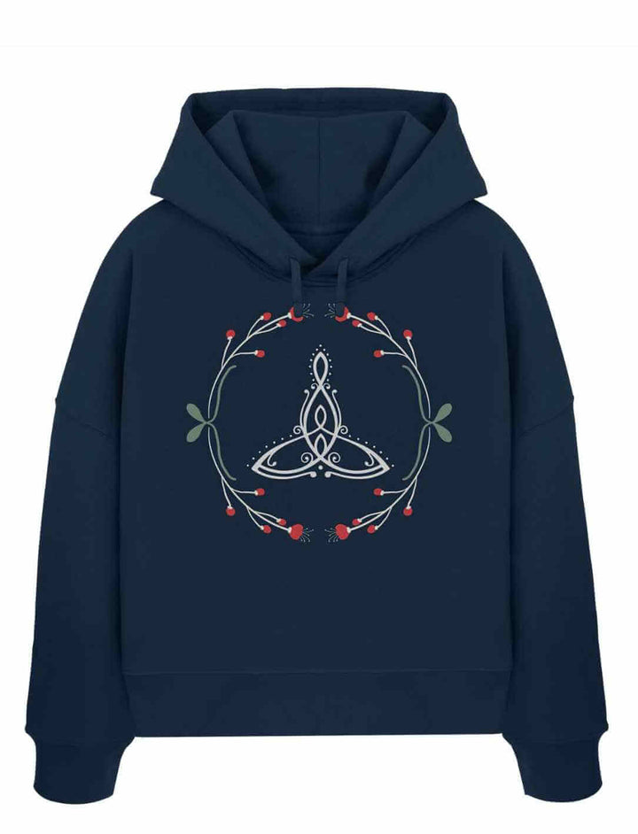 Das Celtic Mother Damen Boxcut Hoodie in tiefem Marineblau â inspiriert von den Ozeanen der keltischen Welt, verziert mit dem Symbol der ewigen Verbindung.