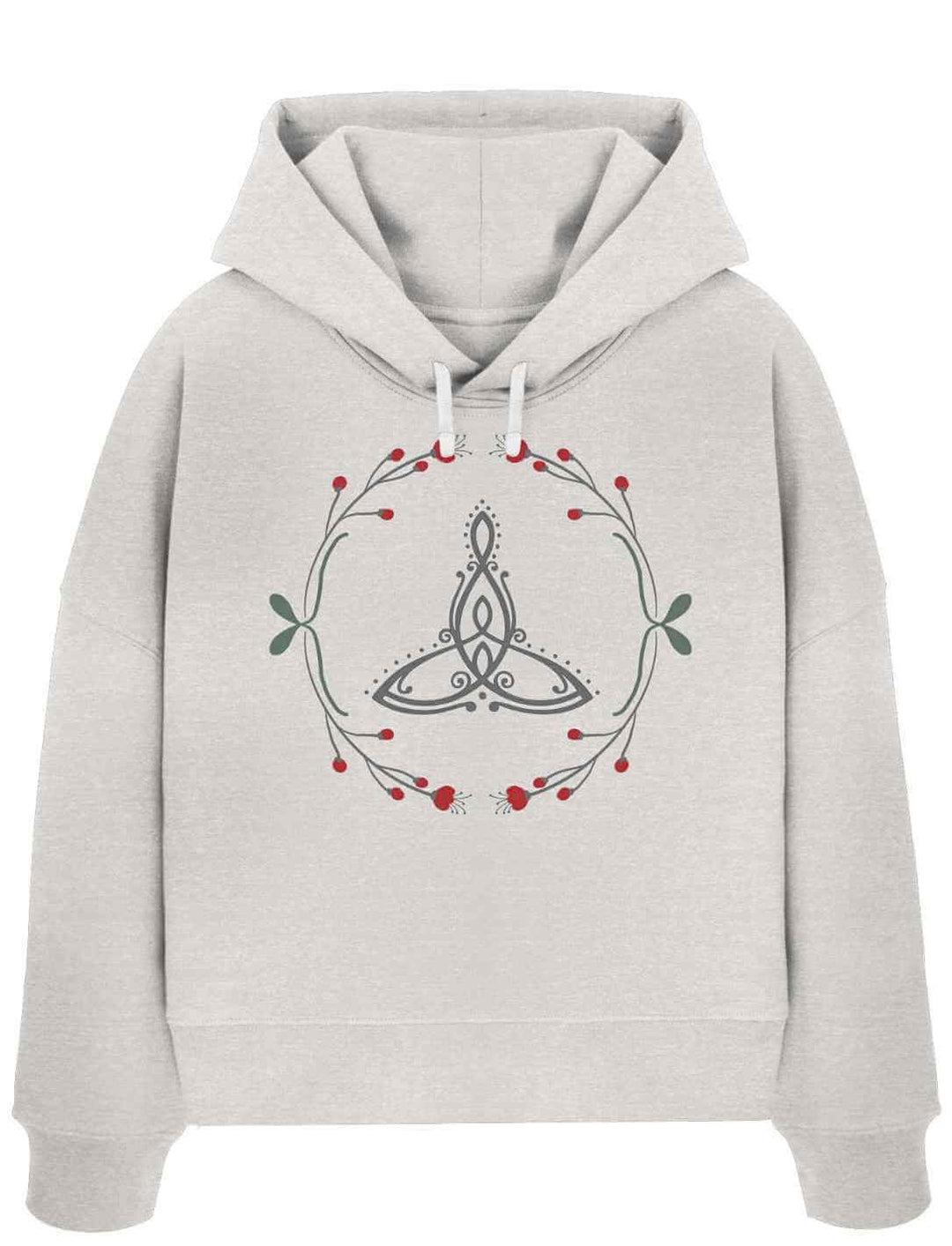 Das Celtic Mother Damen Boxcut Hoodie in sanftem Hellgrau â ein zeitloses StĂŒck mit mystischer Bedeutung, perfekt fĂŒr Liebhaber keltischer Legenden.