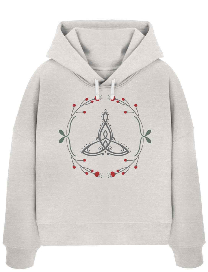 Das Celtic Mother Damen Boxcut Hoodie in sanftem Hellgrau â ein zeitloses StĂŒck mit mystischer Bedeutung, perfekt fĂŒr Liebhaber keltischer Legenden.