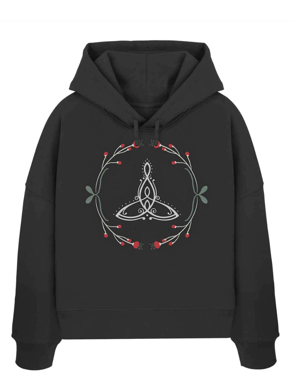 Das Celtic Mother Damen Boxcut Hoodie in dunklem Anthrazit â kraftvoll und elegant mit dem Triquetra, einem uralten Zeichen fĂŒr Schutz und Verbundenheit.