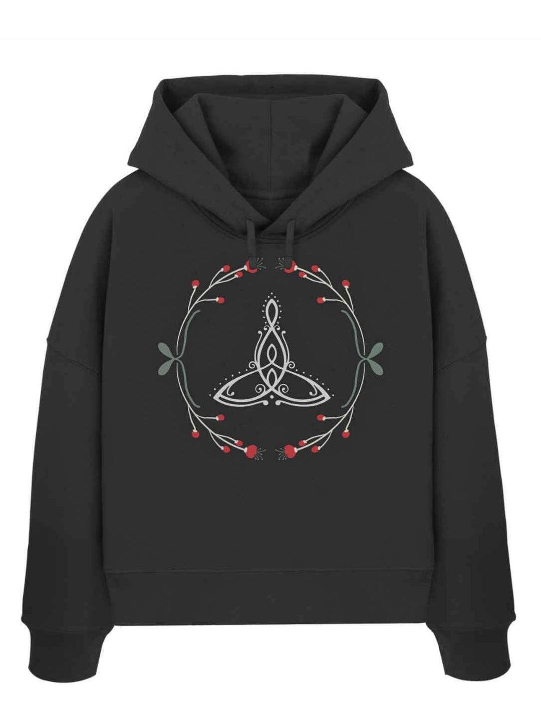 Das Celtic Mother Damen Boxcut Hoodie in dunklem Anthrazit â kraftvoll und elegant mit dem Triquetra, einem uralten Zeichen fĂŒr Schutz und Verbundenheit.