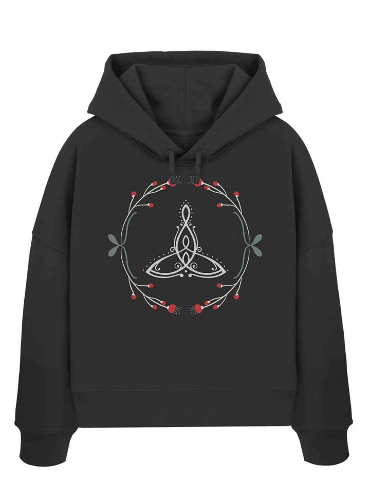 Das Celtic Mother Damen Boxcut Hoodie in dunklem Anthrazit â kraftvoll und elegant mit dem Triquetra, einem uralten Zeichen fĂŒr Schutz und Verbundenheit.