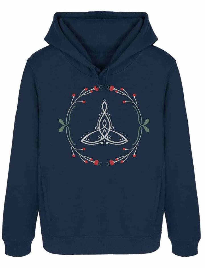 Das Celtic Mother Damen Organic Hoodie in Navy â inspiriert von den Tiefen des Ozeans und den Legenden der keltischen Welt, verziert mit dem Triquetra-Symbol.