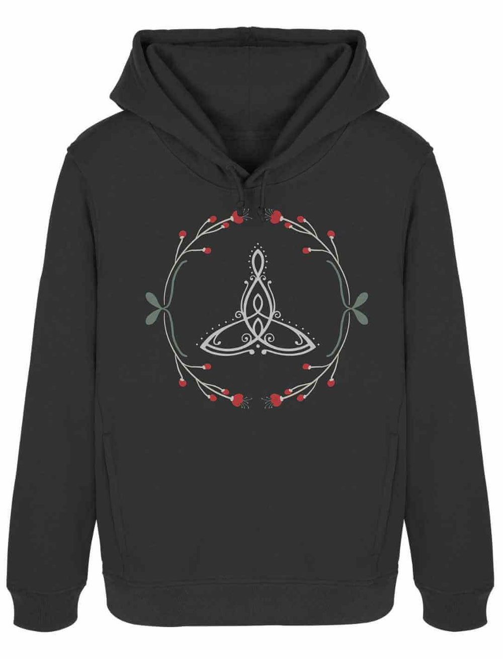 Das Celtic Mother Organic Damen Hoodie in tiefem Schwarz – ein mystisches Design mit dem keltischen Triquetra, umgeben von zarten Ranken und roten Beeren.