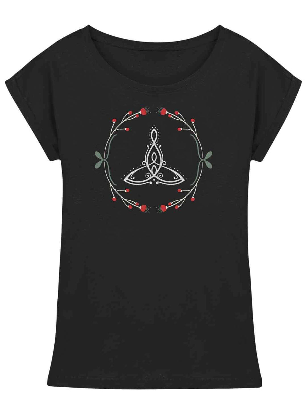 Das Celtic Mother Extended Shoulder Tee in tiefem Schwarz â das keltische Triquetra-Symbol, umrahmt von zarten Ranken und roten Beeren, strahlt Kraft und Schutz aus.