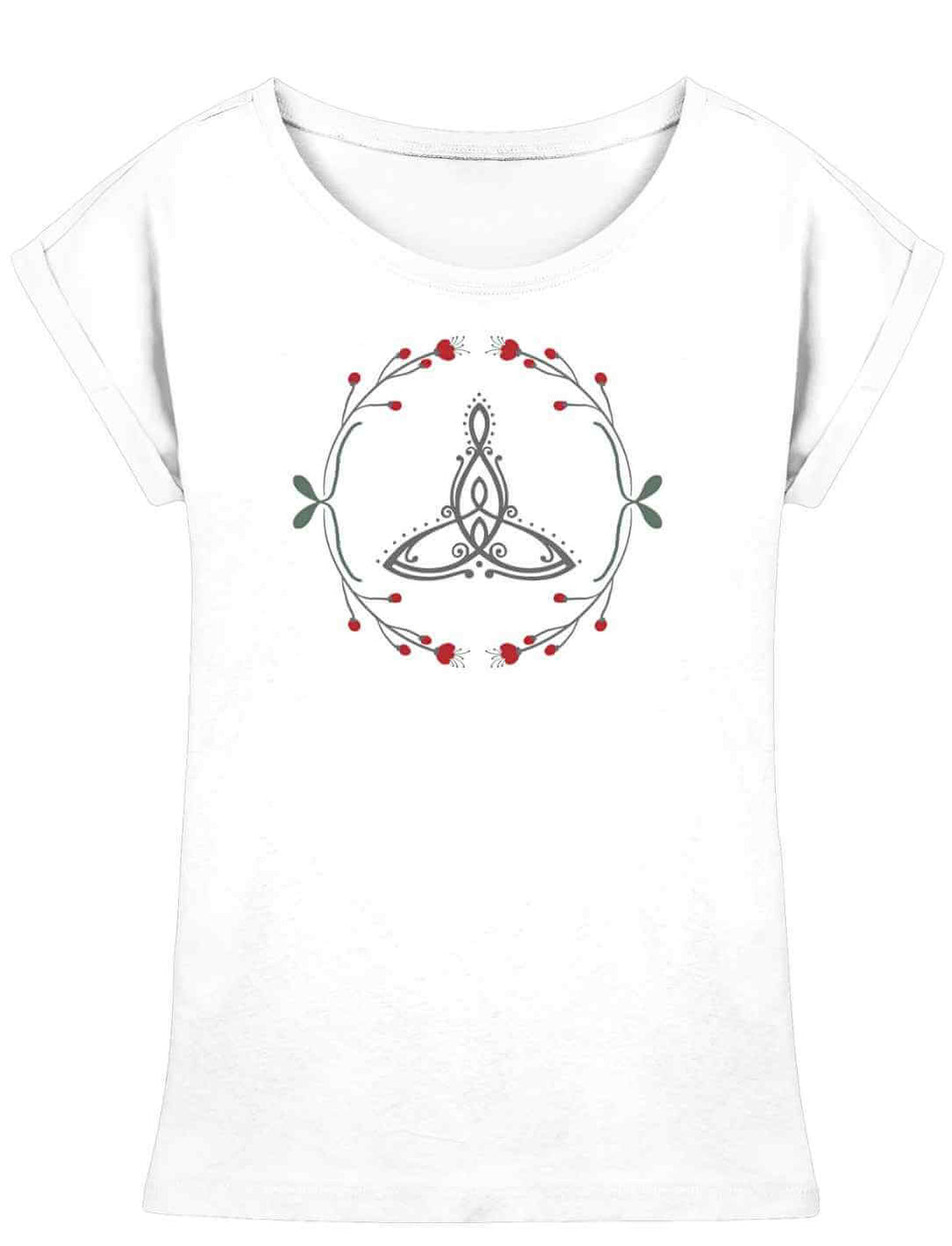 Das Celtic Mother Extended Shoulder Tee in reinem WeiĂ â das Symbol der unerschĂŒtterlichen Liebe zwischen Mutter und Kind, sanft verziert mit Naturmotiven, wirkt wie ein Amulett des Schutzes.