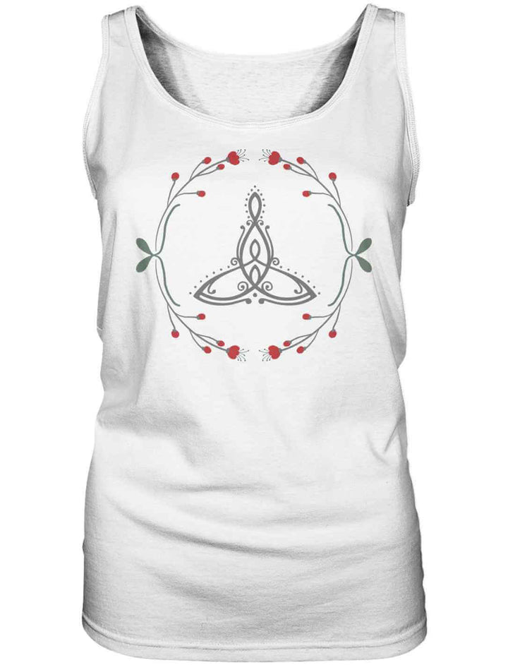 âCeltic Motherâ Damen Tank-Top in WeiĂ mit keltischem Muttersymbol und filigranen Naturverzierungen.