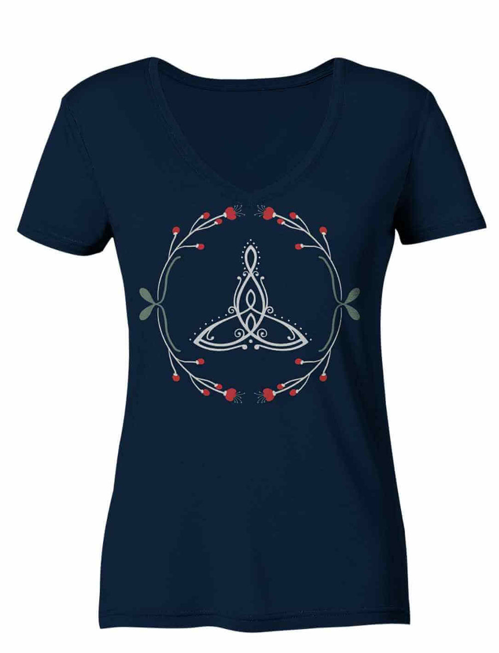 „Celtic Mother“ Damen V-Neck-Shirt in Dunkelblau mit keltischem Muttersymbol und roten Beeren.
