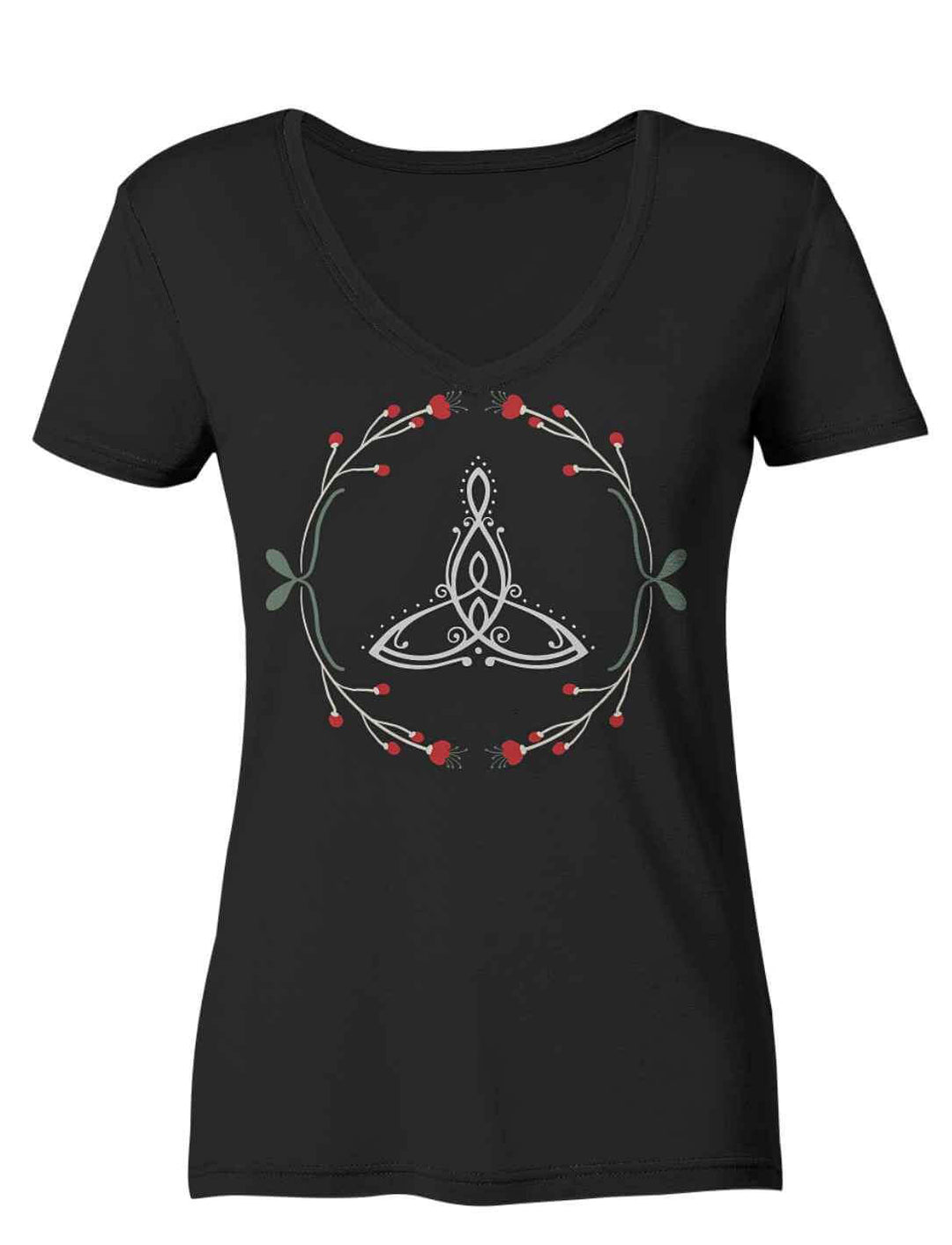 âCeltic Motherâ Damen V-Neck-Shirt in Schwarz mit keltischem Muttersymbol und Naturverzierungen.