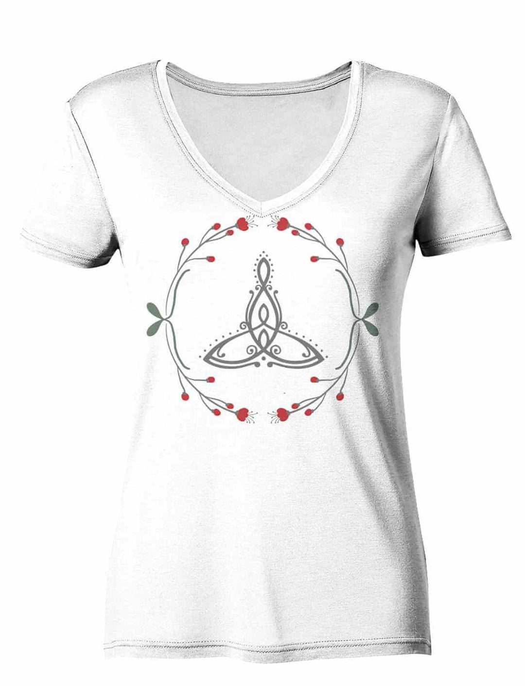 âCeltic Motherâ Damen V-Neck-Shirt in WeiĂ mit keltischem Muttersymbol und filigranen Naturverzierungen.