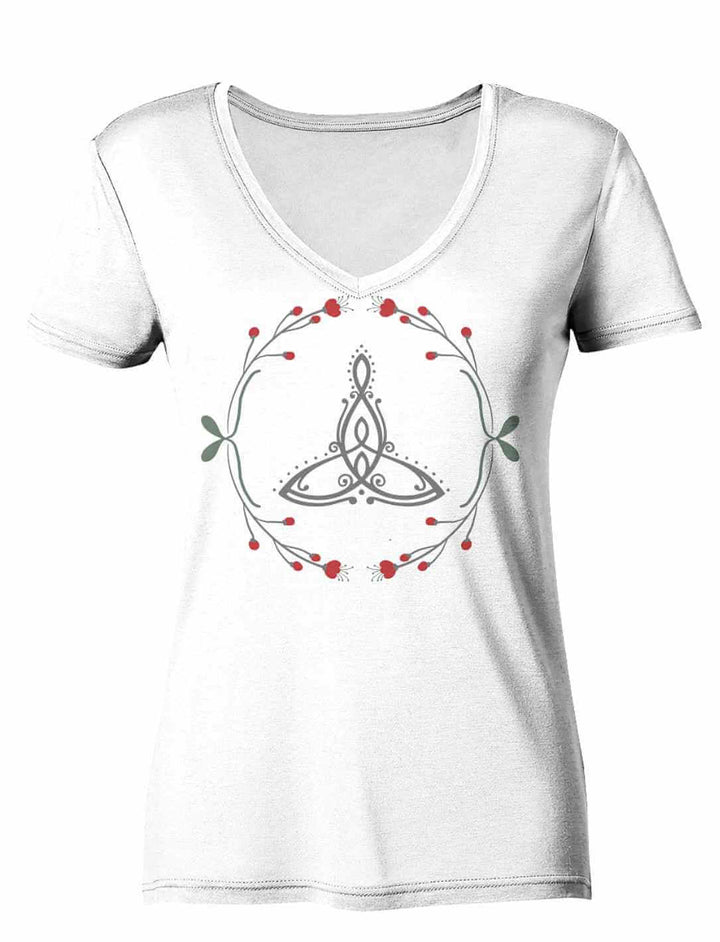 âCeltic Motherâ Damen V-Neck-Shirt in WeiĂ mit keltischem Muttersymbol und filigranen Naturverzierungen.
