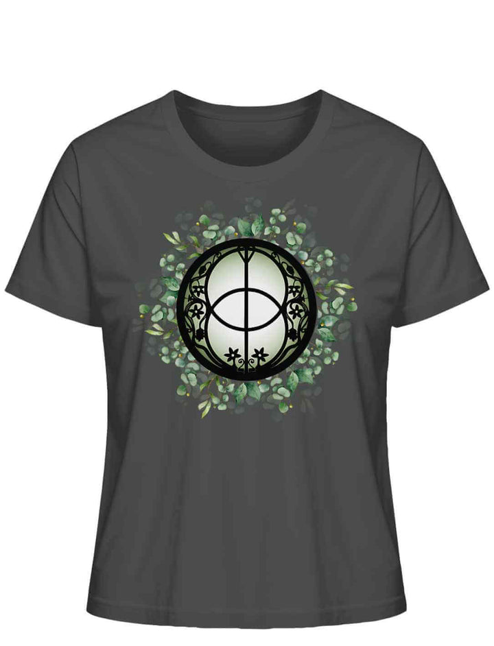 Chalice Well T-Shirt in Anthrazit auf weißem Hintergrund – Design inspiriert von der Heilquelle Glastonburys, Zeichen von Heilung und mystischer Kraft