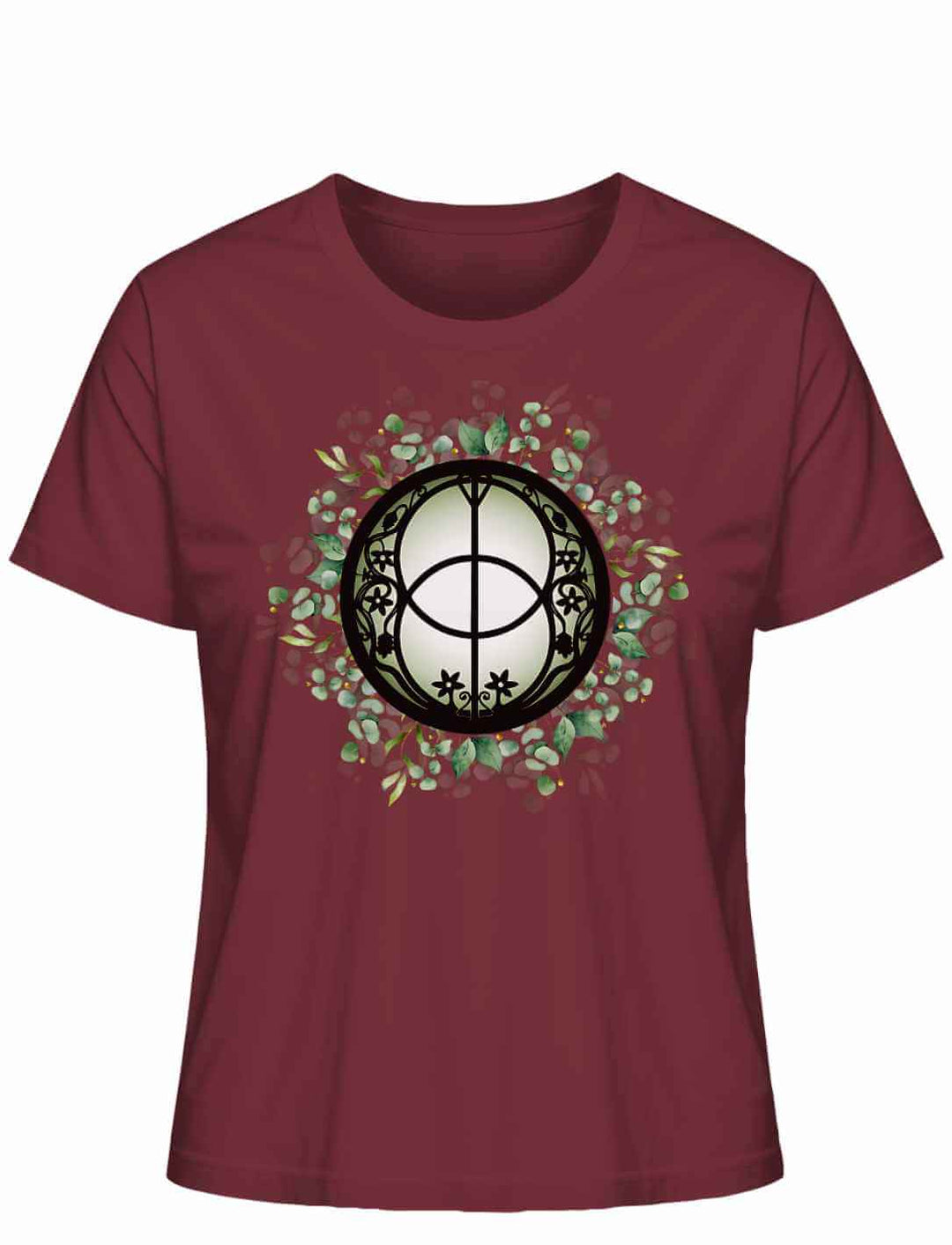 Chalice Well T-Shirt in Burgund auf weißem Hintergrund – inspiriert von der Quelle in Glastonbury, Sinnbild für Verbindung und Harmonie