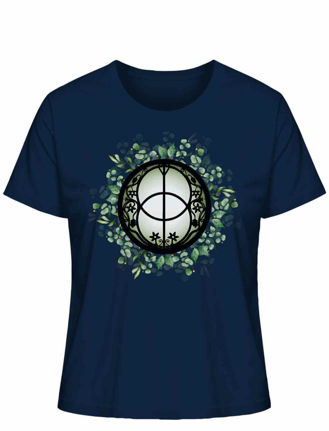 Chalice Well T-Shirt in French Navy auf weißem Hintergrund – inspiriert von der magischen Heilquelle von Glastonbury, Symbol für Weisheit und Frieden