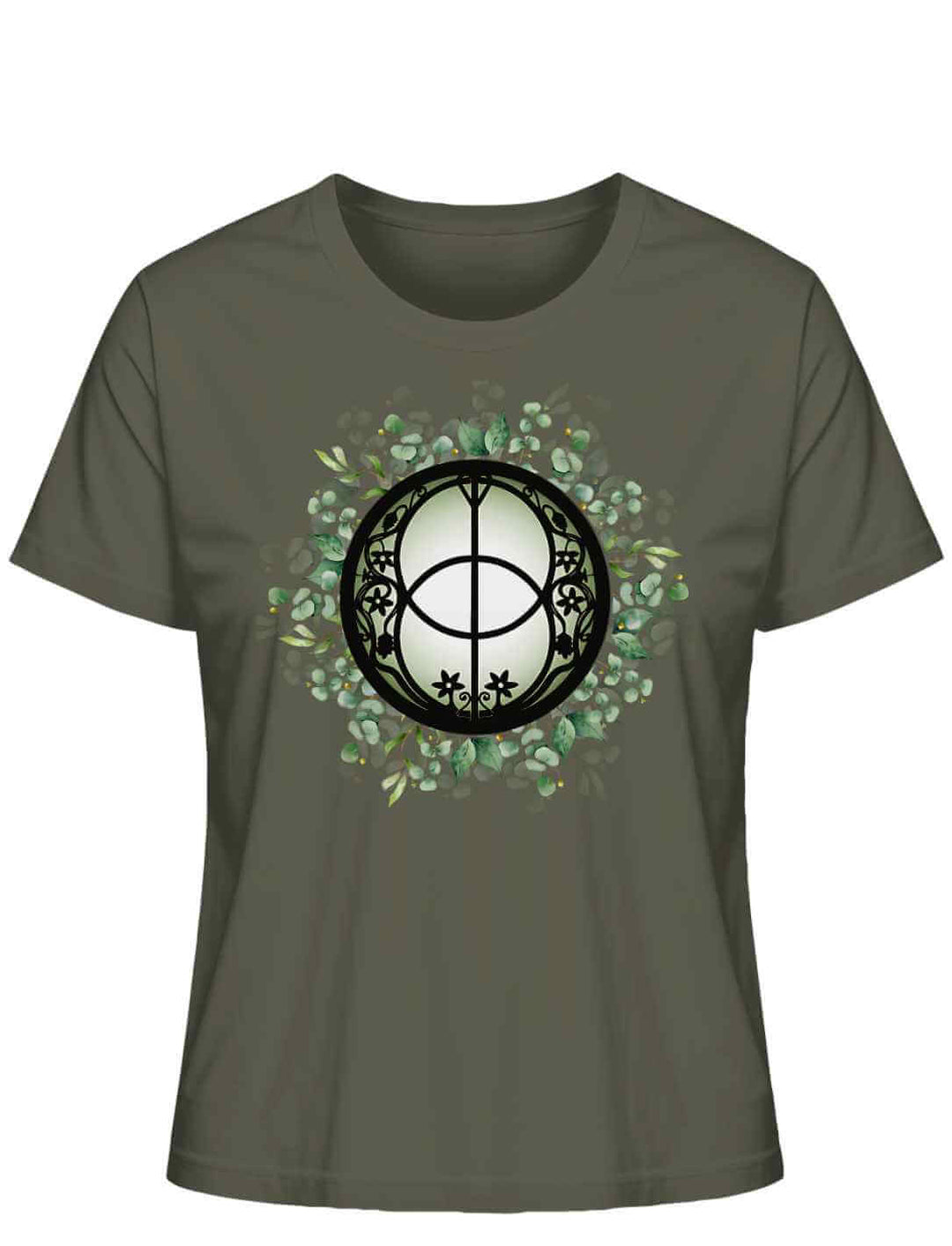 Chalice Well T-Shirt in Khaki auf weißem Hintergrund – Symbol der Heilquelle Glastonburys, inspiriert von Legenden um Avalon und König Arthur