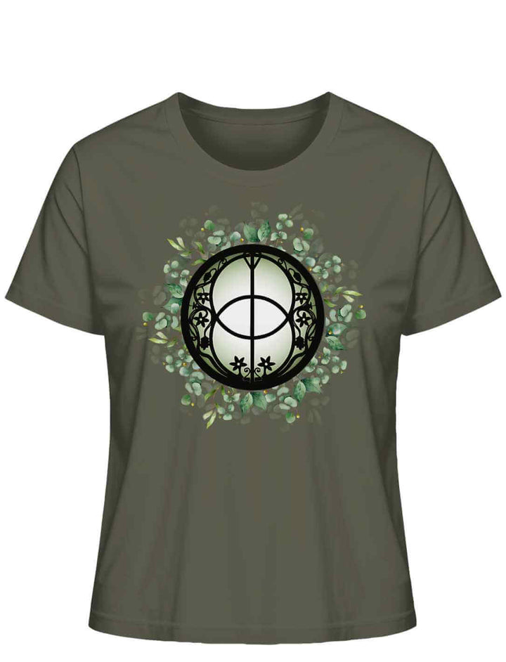 Chalice Well T-Shirt in Khaki auf weißem Hintergrund – Symbol der Heilquelle Glastonburys, inspiriert von Legenden um Avalon und König Arthur