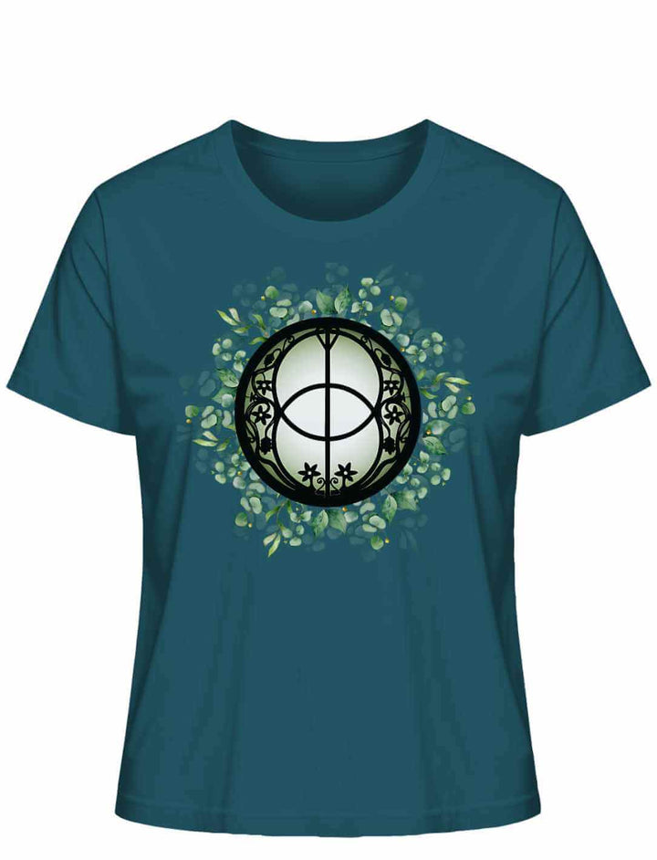 Chalice Well T-Shirt in Stargazer auf weißem Hintergrund – erinnert an die heilige Quelle von Glastonbury, Ausdruck von Weisheit und spiritueller Tiefe