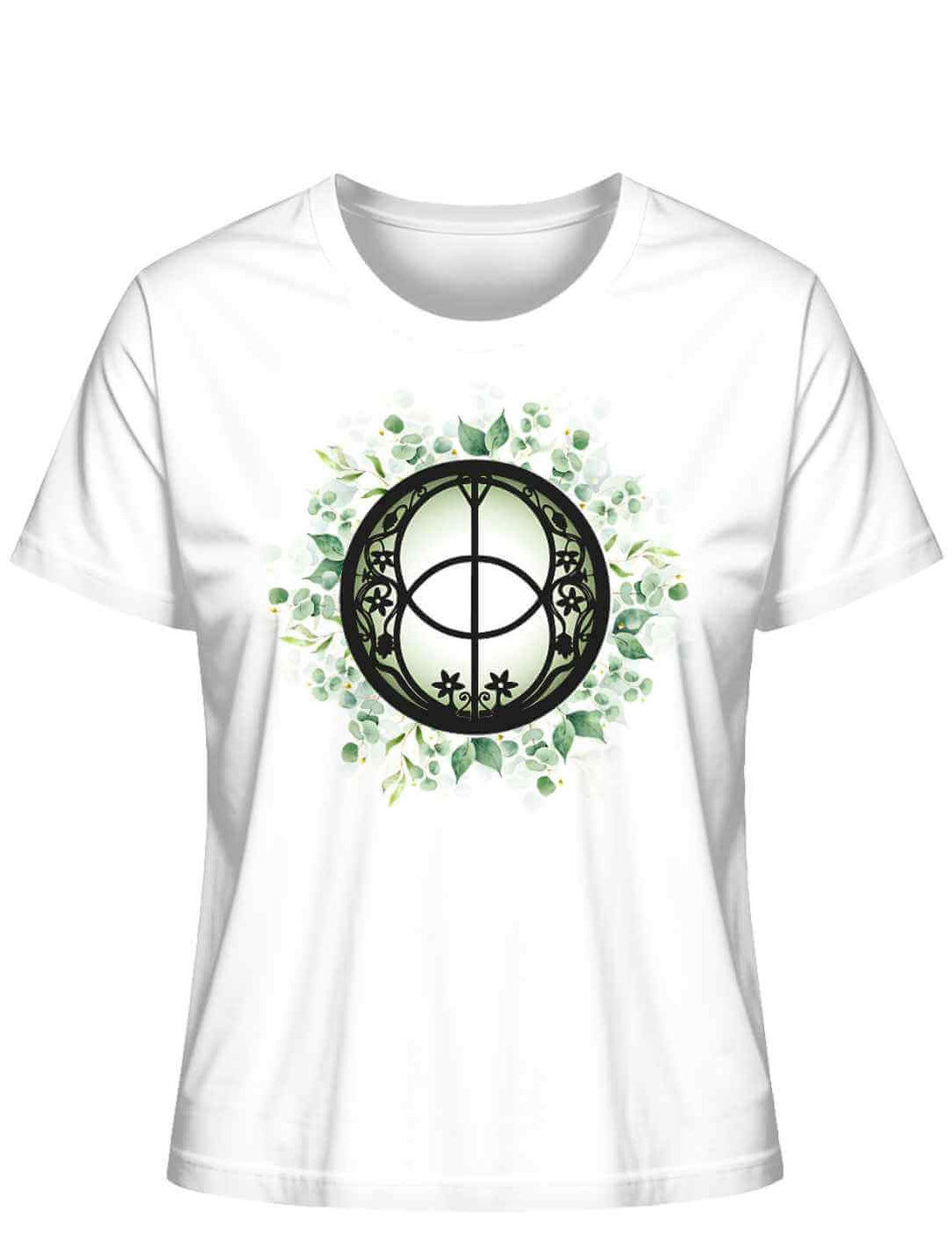 Chalice Well T-Shirt in Weiss auf weissem Hintergrund – Darstellung der mystischen Heilquelle Glastonburys, Symbol für spirituelle Erneuerung