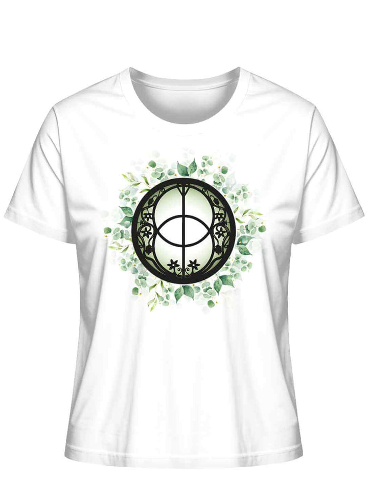 Chalice Well T-Shirt in Weiss auf weissem Hintergrund – Darstellung der mystischen Heilquelle Glastonburys, Symbol für spirituelle Erneuerung