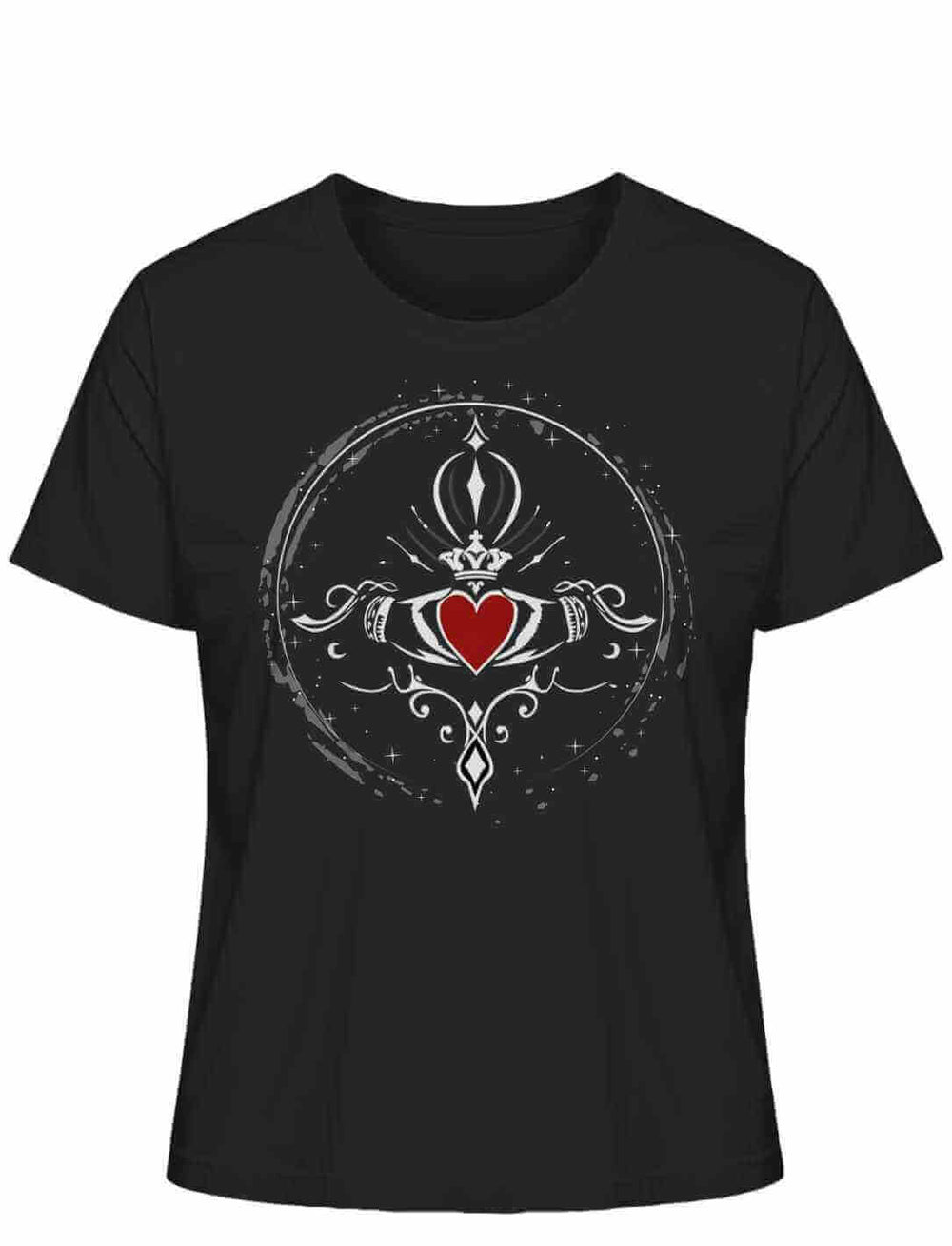 Damen T-Shirt aus 100% Bio-Baumwolle, bedruckt mit dem Claddagh-Symbol der ewigen Liebe, in stilvollem Schwarz.