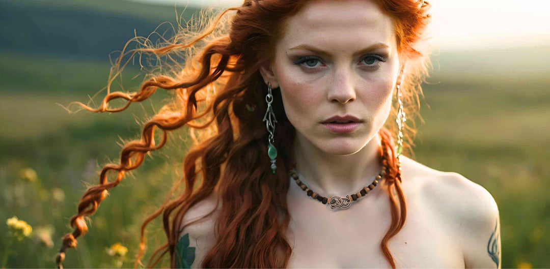 Rothaarige Keltische Frau auf einer grünen Wiese, die keltischen Schmuck trägt.