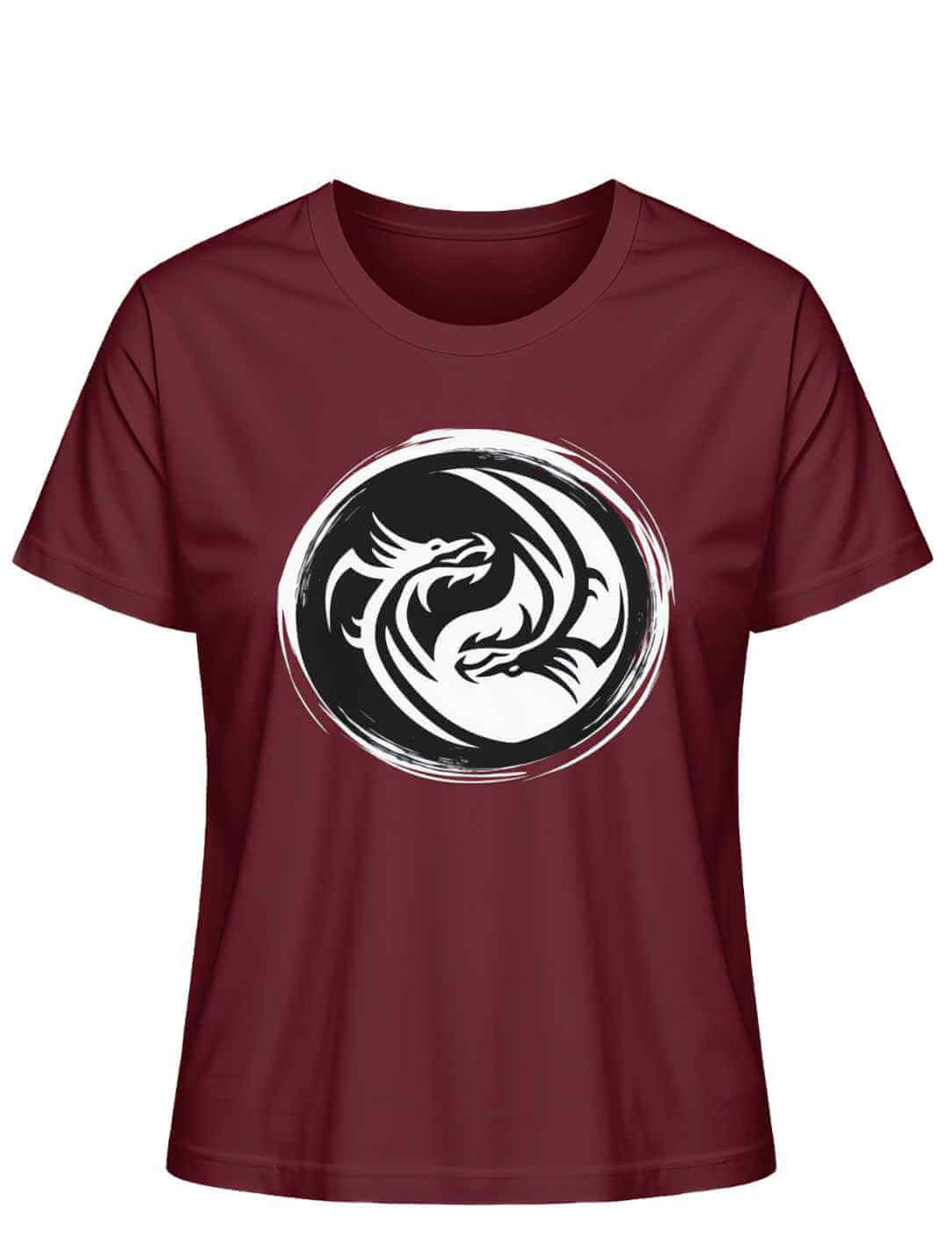 Burgund 'Drachensiegel des Gleichgewichts' T-Shirt mit Yin-Yang-Drachenmotiv auf weißem Grund.
