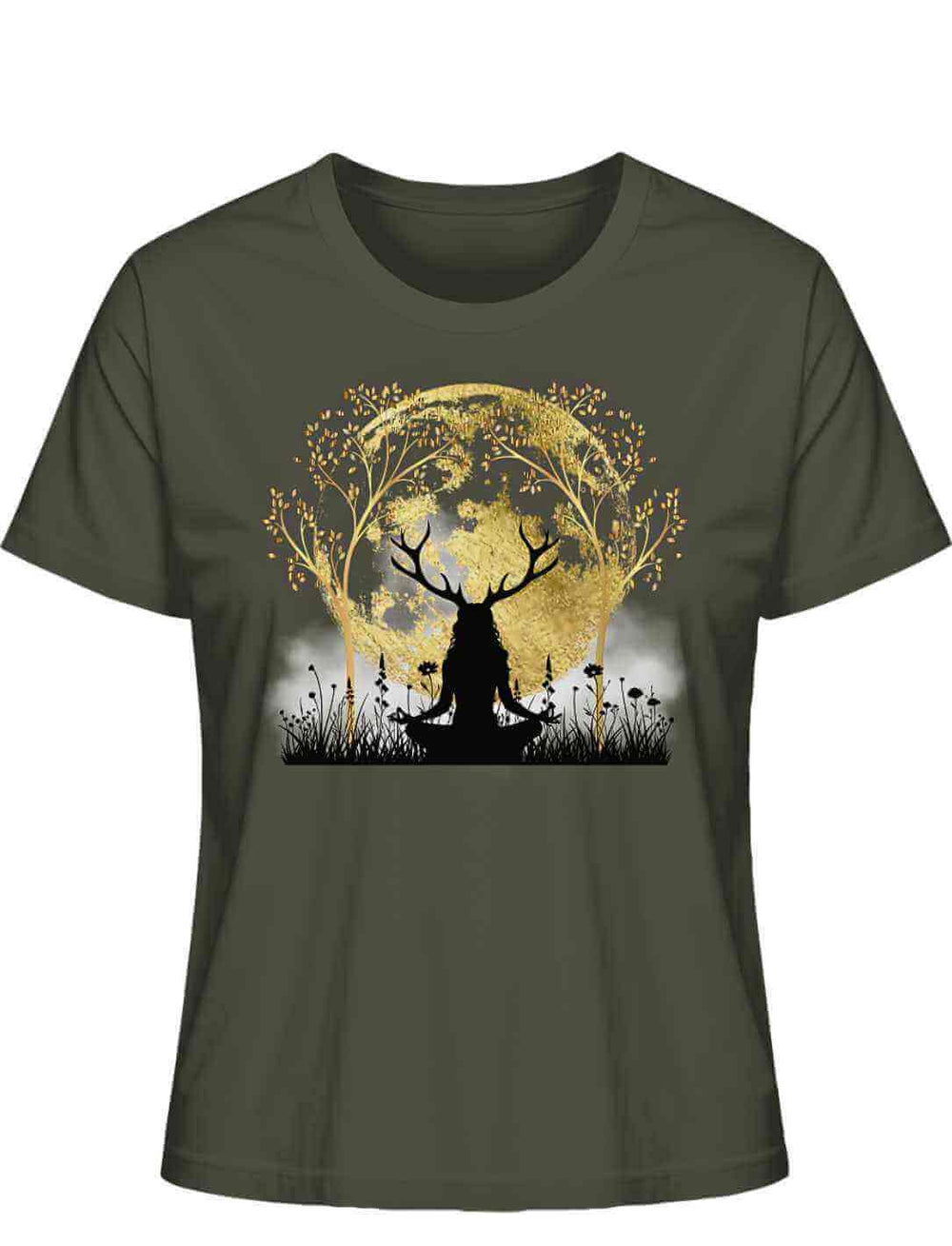 Druidin der alten Wälder Damen Shirt in Khaki, auf weissem Hintergrund.