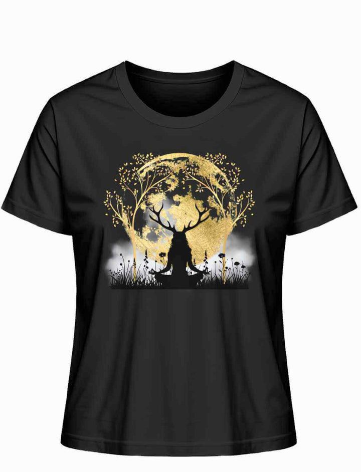 Schwarzes 'Druidin der alten Wälder' Damen T-Shirt auf weißem Hintergrund, mit dem Symbol des Lebensbaums und dem Mond.