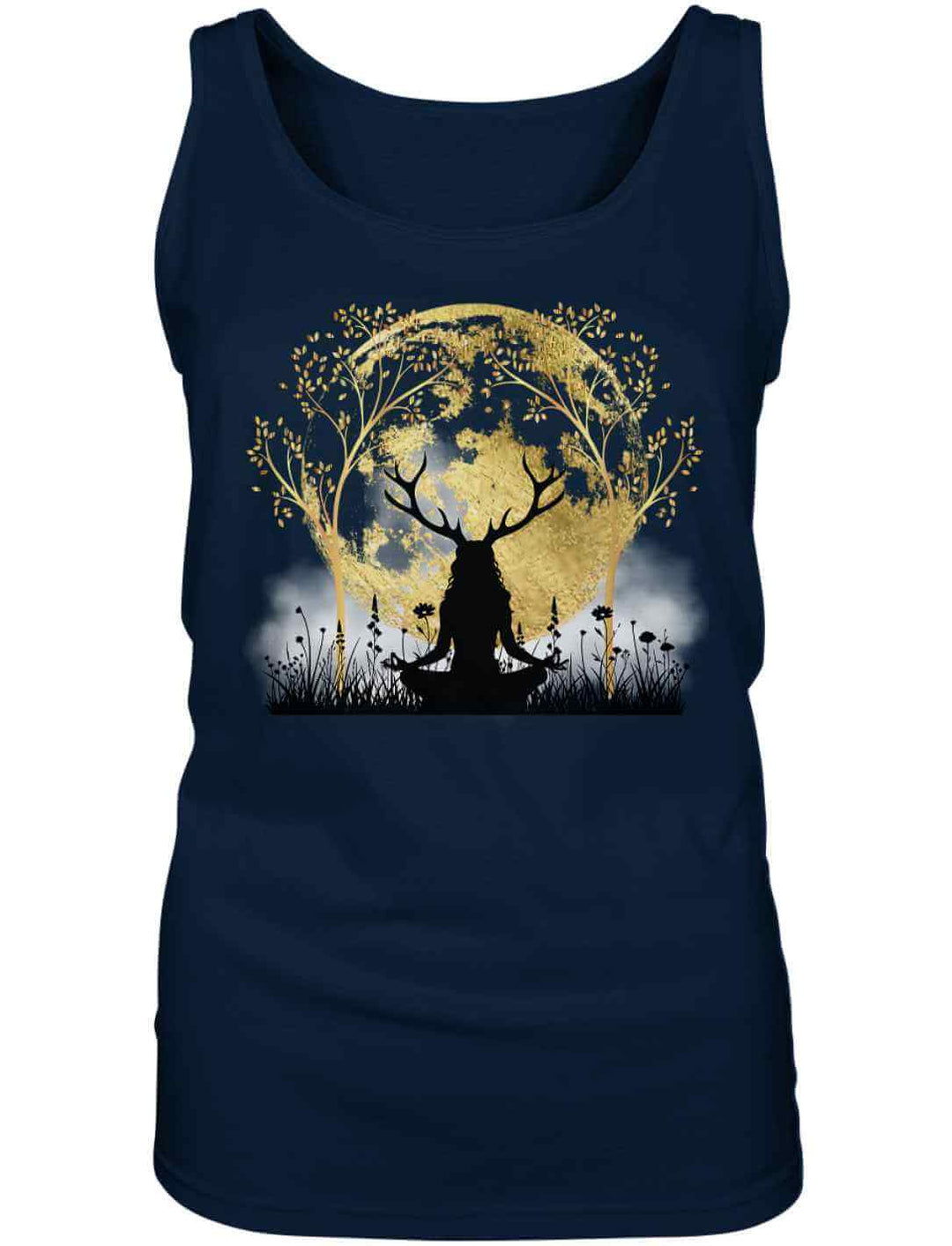 Druidin der alten Wälder Damen Tanktop in Navy auf weißem Hintergrund – Stilvolles Tanktop mit mystischem Design, inspiriert von der Naturverbundenheit der Druiden.