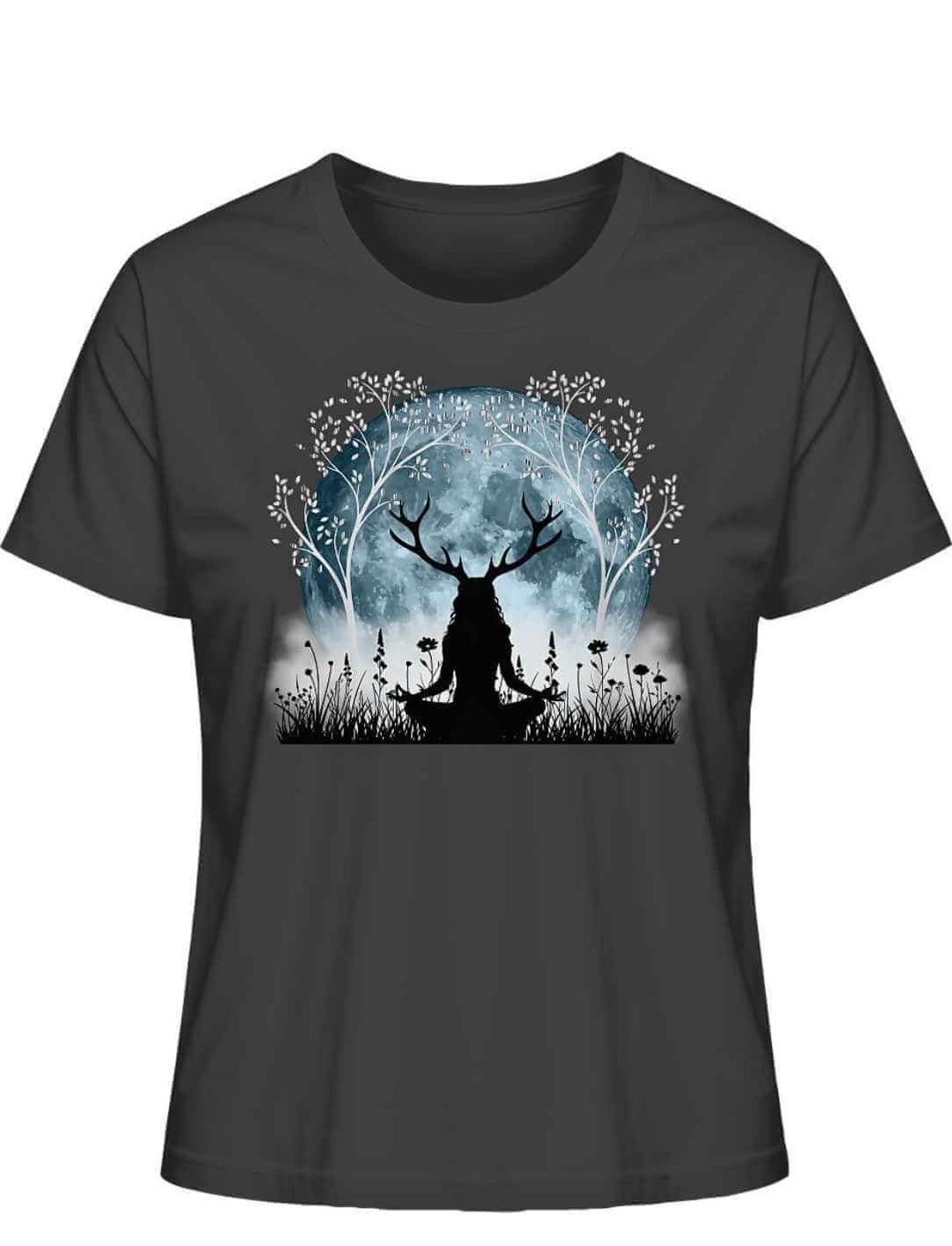 Druidin der silbernen Wälder – Damen T-Shirt in Anthrazit mit keltischer Symbolik und stimmungsvoller Szene.