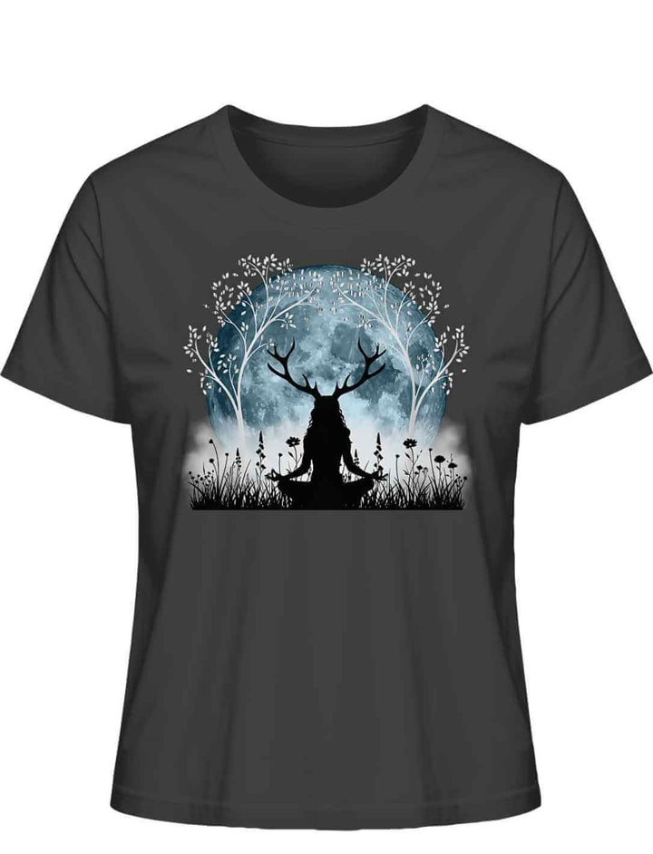 Druidin der silbernen Wälder – Damen T-Shirt in Anthrazit mit keltischer Symbolik und stimmungsvoller Szene.