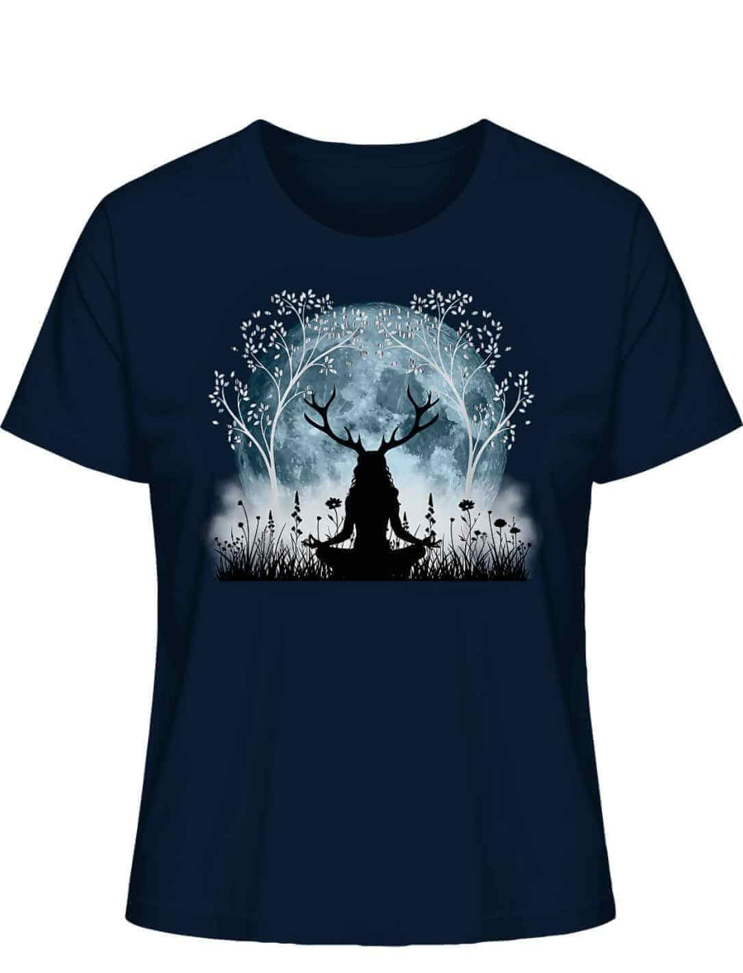 Damen Bio-Shirt „Druidin der silbernen Wälder“ in dunklem French Navy – mystisches Design mit Lebensbaum und Vollmond.
